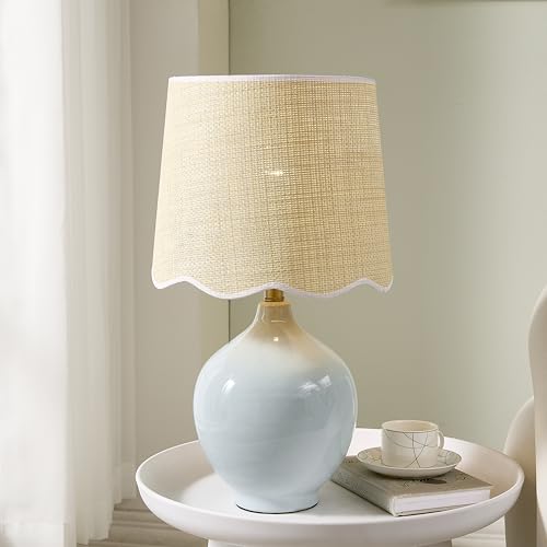 21"H Sky Blue Ceramic Table Lamp with Beige Faux Rattan Drum Shade