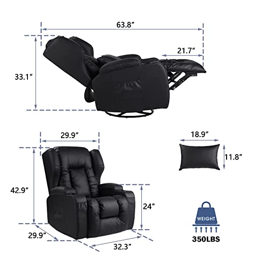 Recliner Chair, 360° Swivel Rocker Recliner Chairs, Ergonomic Manual Wingback Reclining Chair For Living Room, Upholstered Leather Recliner, Home Theater Seating With Lumbar Pillow/Cup Holders(Black) #TOP4