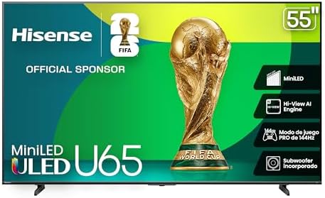 Hisense Television U65QFM (Modelo 2025) Pantalla 55 Pulgadas,Mini-LED Smart Fire TV UHD 4K,Control Remoto por Voz con Alexa,Modo de Juego Pro de 144 Hz,Hi-View AI Engine, mira TV en Vivo sin Cable