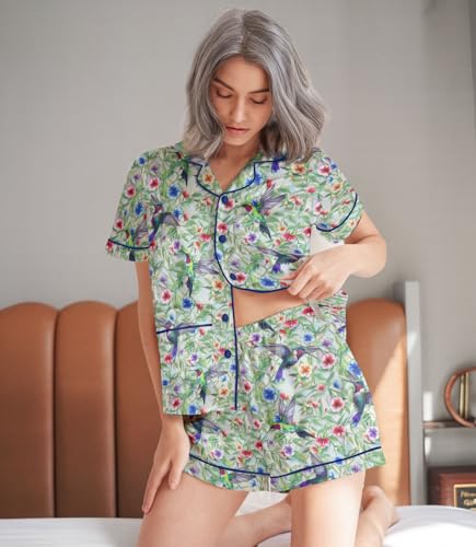 Image of HUNTFAMI Women Silky 2 Pcs Satin Pajama Set Long Sleeve Button Down | Satin pajama set; Short-sleeves in a coordinated 2-piece; funny printed; colourful style