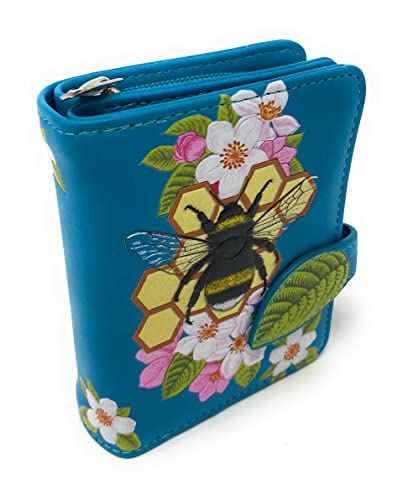 Shag Wear Bumble Bee Honeycomb Floral Tattoo Small Animal Wallet for Women and Teen Girls Vegan Faux Teal 4.5