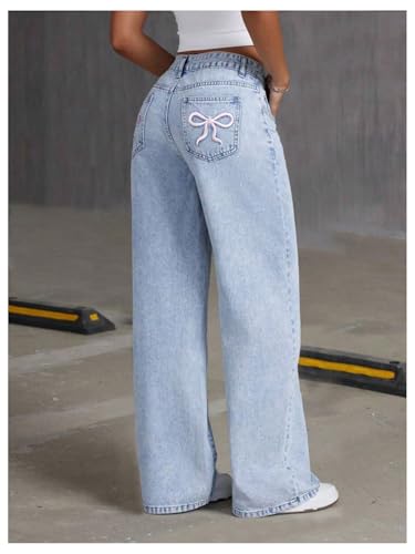 MakeMeChic Girl's Cherry Bow Straight Leg Jeans Zip Up Denim Pants Y2K Streetwear2