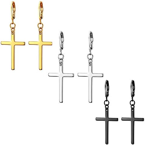 3 Pairs Stainless Steel Hinged Cross Drop Dangle Earrings for Men Women,Hypoallergenic Cover