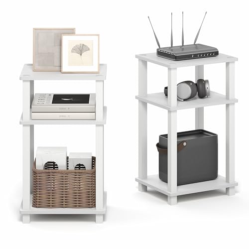 Image of Furinno JUST Side Table Set of 2, 3-Tier Open Shelf Modern End Table, Toolless Assembly Night Stand, Bedside Table with Square Tube, for Living Room, Bedroom, White
