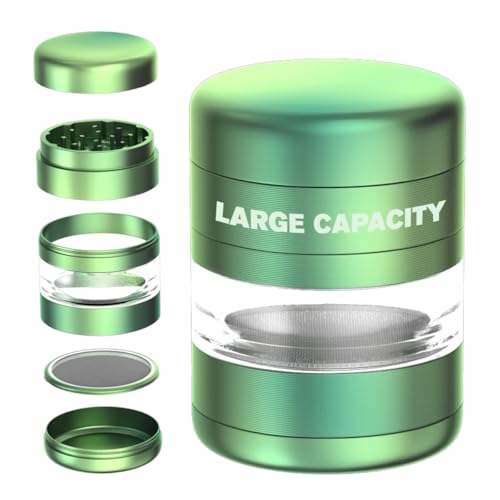 Grinder metal 5 partes con Capsula de Cristal de gran capacidad | Aluminio CNC Premium Anodizado de grado industrial | 54mm de diámetro | Molinillo para Especias y hierbas (Verde)