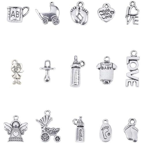NBEADS 90Pcs Tibetan Style Alloy Pendants, 15 Styles Antique Silver