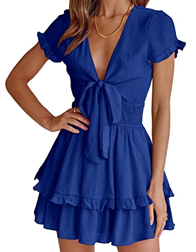 PRETTYGARDEN Women Summer Mini Short Dress 2025 Short Sleeve Casual Beach Vacation Sundress V Neck Tiered Sun Dresses