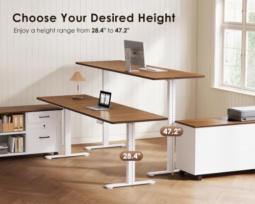 Image of OffiGo 71 inch L Shaped Electric Standing Desk with Cabinet Sets, Walnut /White | Mobile Drawers & File Cabinet Sets for Flexible Layout, Height Adjustable Executive Stand Up Desk for Home Office Workstation