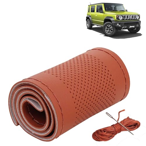 Image of KINGSWAY PU Leatherite Car Steering Cover Sewable Compatible with Maruti Suzuki Jimny (Year 2023 Onwards), Tan Color with Tan Thread, Pack of 1 with Sewing Needle and Thread