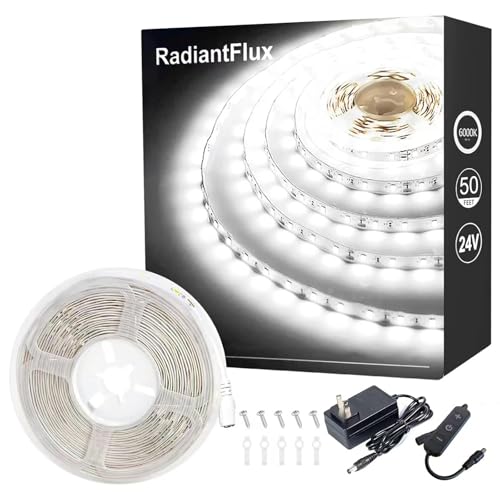 Image of RadiantFlux White Led Strip Lights, Dimmable LED Lights Strip, 50Ft 900Leds, Super Bright LED Tape Lights for Living Room, Bedroom, Kitchen, Vanity Mirro,Flexible LED Light Strips for Indoor Use