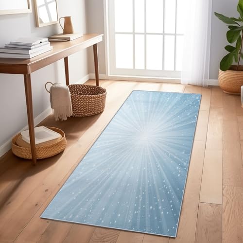 Tappeto Corridoio 60X240 Cm – Lavabile E Antiscivolo, Tappeto Lungo E Stretto Per Corridoio, Cucina, Entrata O Soggiorno – Astratto Strisce Punti Luce Azzurro Facile Da Pulire