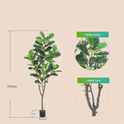Nafresh Tall Faux Fiddle Leaf Fig Tree，7ft(84in) Potted Artificial Fiddle Leaf Fig Tree, Fake Fiddle Leaf Tree Indoor Outdoor with Realistic Texture for Home Office Living Room Bedroom Floor Decor. - Thumbnail 3