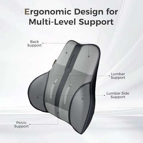 Image of Coverado Lumbar Support Pillow for Car, Ergonomic Memory Foam Back Pillow for Office Chair, Back Cushion for Back Pain Relief, PU Leather Car Lumbar Support for Driving Seat - Black&Gray