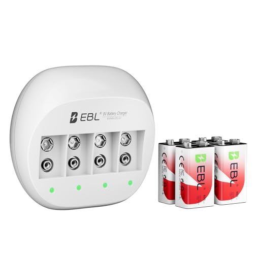 EBL 4 Bay 9V Lithium ion Battery Charger with 600mAh 9V Li-ion Rechargeable Batteries 4 Packs