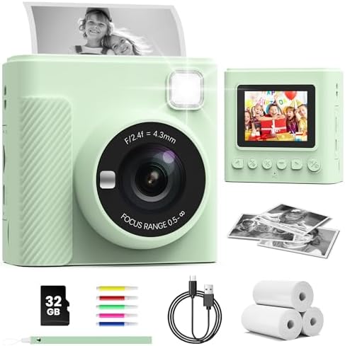 TIATUA Kinderkamera Sofortbildkamera, 2,4" Display 1080P HD Spielzeug, grün | Inkl. 32GB Karte, 3 Rollen Papier & 5 Stifte, Tintenloser Druck, MP3 Spiel, Geschenk für Jungen & Mädc