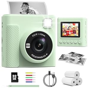 Kids Instant Print Camera, Christmas Birthday Gifts for Girls and Boys, 1080P HD Video Digital Kids Camera with Print Paper & 32G Card, Toddler Toy for 3-14 Years Old (Green)