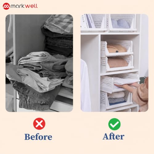 Image of MARKWELL 4 Layer Stackable Wardrobe Organizer for Clothes, Foldable Plastic Sliding Drawer Basket, Closet & Cupboard Storage for Shirts, Sarees, Towels & Toys, White, 44 x 33 x 19 cm