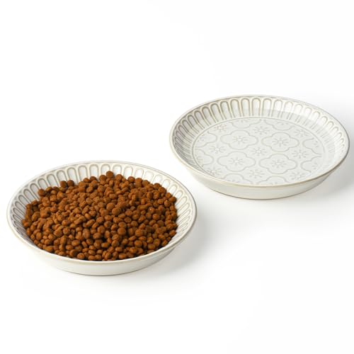 Shallow Cat Food Bowl Embossed, 6.1 inch Ceramic Cat Bowls