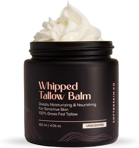 Beef Tallow for Skin (Unscented 4 oz) - Whipped Tallow Balm for Face and Body - Natural Moisturizer for Sensitive Dry Skin - Handmade Body Butter Lotion - 100% Grass-Fed - Gentle Skincare
