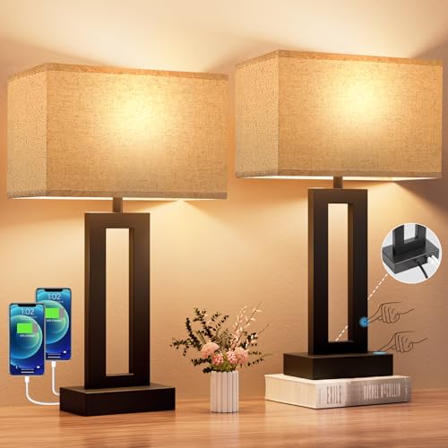 Seealle Bedroom Lamps for Night Stands - Touch Control, 3 Way Dimmable, USB C+A Charging, LED Bulbs...
