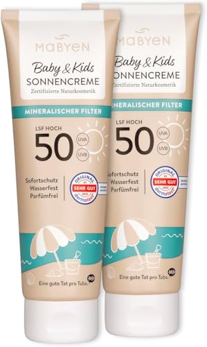 MABYEN Crema solar mineral 100% Baby & Kids SPF 50, 2 x 100 ml, crema solar para niños con filtro mineral UVA/UVB, protección inmediata sin tiempo de aplicación – resistente al agua, sin fragancia