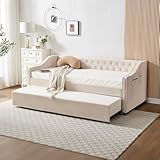 DNYN Button Tufted Design Daybed with Pop-up Trundle & USB Ports for Bedroom Guest Room, Space-Saving Twin Size Velvet Sofabed Frame with Side Storage Pockets, No Box Spring Needed/Easy Assemble