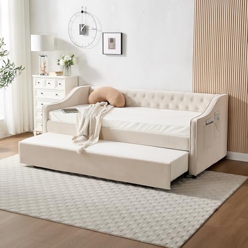Button Tufted Design Daybed with Pop-up Trundle & USB Ports for Bedroom Guest Room, Space-Saving Twin Size Velvet Sofabed Frame with Side Storage Pockets, No Box Spring Needed/Easy Assemble, Beige
