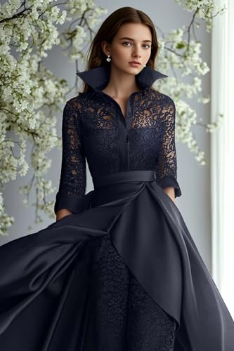 Pantsuit Lace Mother of The Bride Dresses Shirt Collar 3/4 Length Sleeves Floor Length Satin Overskirts Formal Dress2