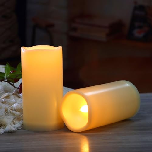 Image of CANDLE CHOICE Waterproof Outdoor Battery Operated Flameless Candles with Remote Timer Plastic Flickering Fake Electric LED Pillars for Lantern Garden Wedding Christmas Decorations 3x5 Inches 2 PCS