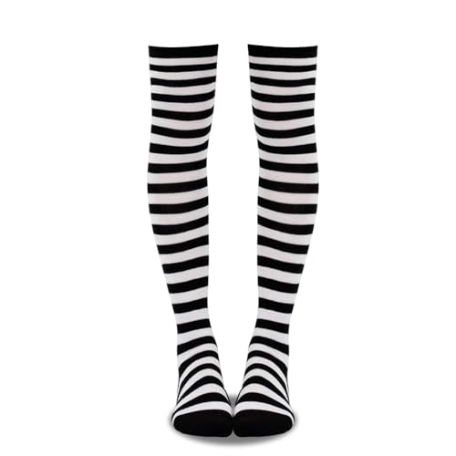 YALLNASL - Halloween Striped Thigh High Socks for Girls Women Gothic Black and White Striped Thigh High Stockings for Halloween Themed Socks for Party Cosplay Costumes for Girls Women Vintage Tea Party Stockings
