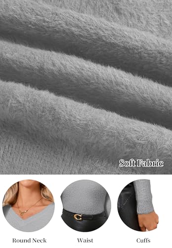 Image of Women's Pullover Sweater Furry Cropped Long Sleeve V-Neck Loose Warm Knit Outwear Casual Sweater Tops