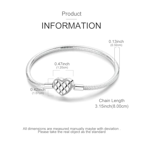 Image of 925 Sterling Silver Snake Chain Bracelets Fit Pandora Charms,Heart Clasp Bracelets Perfect For Any Glamour Gift for Women with 5 A Cubic Zirconia