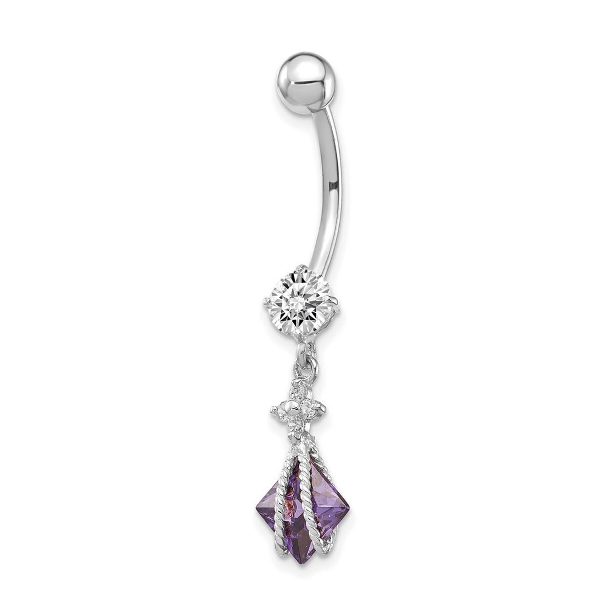 Bauchnabelpiercing aus 10 Karat Weißgold, strukturiert, poliert, offene Rückseite, mit baumelndem 6 mm quadratischem Amy-Zirkonia, künstlicher Diamant, Bauchnabelpiercing, baumelnder Schmuck für