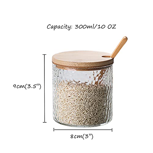 Fantesticryan 2 Pcs Hammer Pattern Glass Condiment Canisters Pots Set, Simple Stylish Decorative Storage Seasoning Container With Bamboo Lid & Spoon For Home Kitchen Cafe Storing Salt Sugar Spice #TOP1