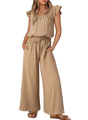 Dokotoo Short Sleeves Jumpsuits Womens 2025 Cute Spring Square Neck Flowy Long Rompers Drawstring Elastic Waisted Wide Leg Cruise Outfits Plus Size with Pockets,Apricot Small