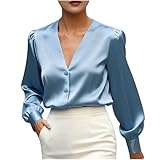 Blusen Damen,Elegante Langarmbluse Satinblusen mit Plissee V-Ausschnitt Damenblusen Bluse tragen Wickelbluse Festliche Hemdbluse Einfarbig Langarmshirt Seidenblusen Büroblusen Business Outfit