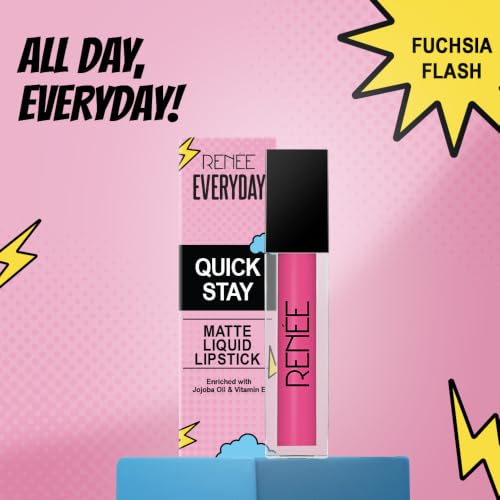 Image of RENEE Everyday Quick Stay Liquid Lipstick - Fuchsia Flash, Matte Long Wear Lip Colour for Women, Lightweight Hydrating Non Drying Formula with Jojoba Oil and Vitamin E, Rich Colour Payoff, 1 ml