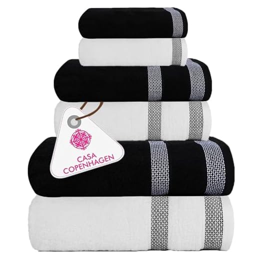 CASA COPENHAGEN Solitaire Designed in Denmark 600 GSM 2 Large Bath Towels 2 Large Hand Towels 2 Washcloths, Super Soft Egyptian Cotton 6 Towels Set for Bathroom, Kitchen & Shower - White + Black