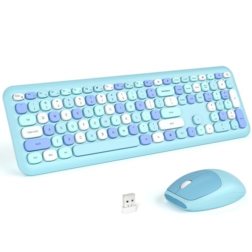 Image of KNOWSQT Wireless Keyboard and Mouse Combo, Pale Blue Full-Sized 2.4G Silent Keycap Colorful Keyboards, USB Dongle Plug Play, for Laptop, Windows, PC, Computer, Desktop