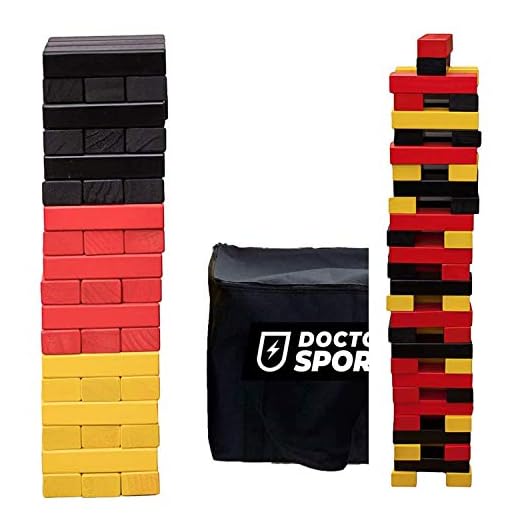 Dr. Sport Wackelturm Mega XXL in 3 Farben - bis 80 cm hoch - in Einer Luxus Tragetasche - 2 bis 6 Spieler - Gelb Schwarz Rot - Reißverschluss - Outdoor Indoor Stapelturm Holz