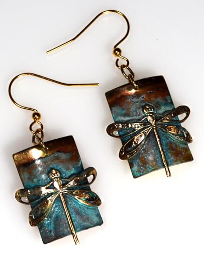 Verdigris Patina Solid Brass Dragonfly on Barrel Shaped Rectangle Dangle Earrings - USA Made4
