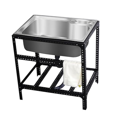 Fregadero independiente de acero inoxidable para jardín al aire libre con un solo canal, ideal para cocina, patio, garaje o comedor, fregadero de grado comercial, 1 compartimento con soporte negro