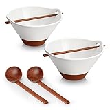 MALACASA 42 oz Ceramic Ramen Bowl Set with Wooden Spoon & Chopsticks, Japanese Style Soup Bowls for Ramen, Pho, Noodles – Set of 2, Microwave & Oven Safe – TARA Series (White and Khaki)