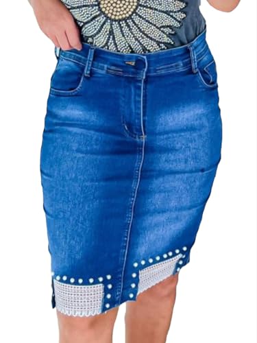 Saia Jeans moda evangélica secretária feminina c/Pérolas barra com renda luxo e Lycra cintura alta l