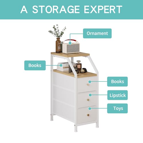 Image of Amazon Brand - Umi Bedside Table with 3 Fabric Chest of Drawers Organizer & Storage Shelf, Sofa Side Table, End Table, Corner Table, Night Lamp Table, Nightstand for Bedroom Living Room (25x47x72cm)