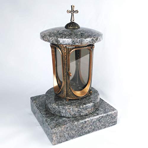 designgrab Grablampe mit Granit Sockel 20x20x5 cm, aus messingfarbenem Aluminium in Antikoptik mit Kreuz und Granit Himalaya