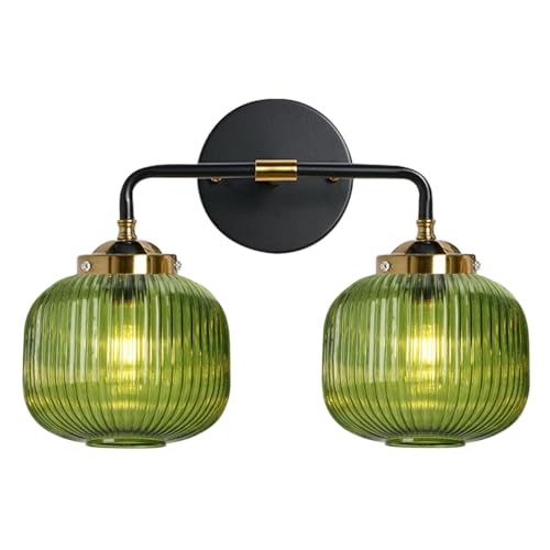 Image of 2-Lights Globe Wall Sconce Bathroom Light fixtures Vanity Lamp Mid Century Modern Wall Lights with Green Striped Glass Shade Vintage Vanity Lights for Over Mirror Hallway Overhead