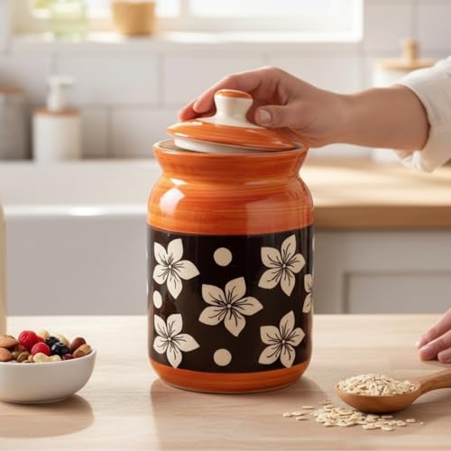 Image of Orange Floral Ceramic Handglazed Pickle Jars Set of 1-1000 ML Each | 1 kg Achaar Martban Barni Jar with Lid | Ceramic Storage Jar Container Pickle, Chatney