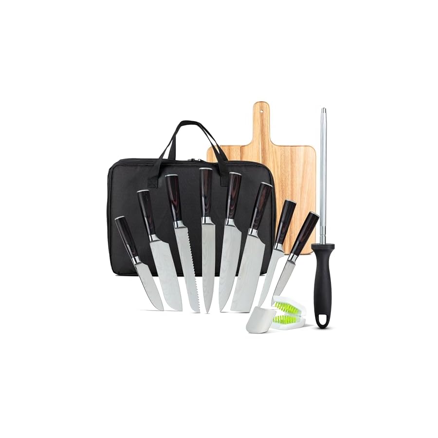 Diversity DS Professional Chef Knife Set - 20 PCS Japanese Kitchen Knife Set with Bag - includes Wooden Cutting Board, Knife Cleaning Brush, Knife Sheaths, Knife Sharpener and Finger Guard