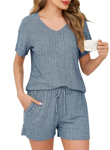 Lovasy Pijamas Mujer Verano Punto Canalé Cuello en V Conjunto de Pijama Shorts Set Mujer Dormir con Cordón,Azul,L